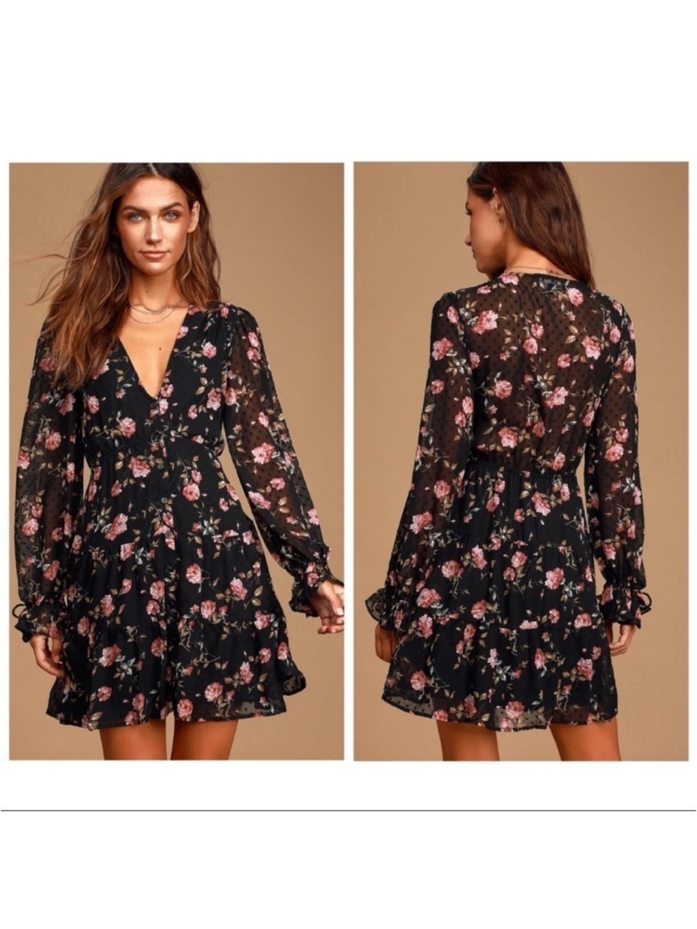 Lulus Fleur-ty Girl Black Floral Print Long Sleeve Babydoll Dress - Picture 2 of 2